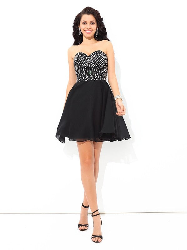 A-Line/Princess Cocktail Chiffon Luz Homecoming Dresses Sweetheart Paillette Sleeveless Short Dresses