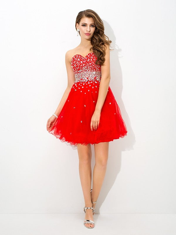 A-Line/Princess Sweetheart Beading Sleeveless Short Organza Dresses Cocktail Pru Homecoming Dresses