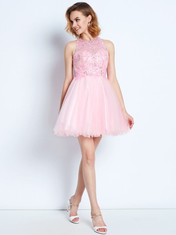 A-Line/Princess Shayla Homecoming Dresses Sleeveless Jewel Short/Mini Net Ruffles Dresses