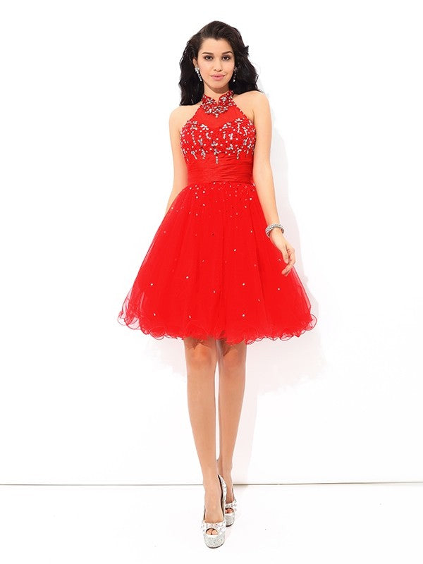 A-Line/Princess High Neck Beading Sleeveless Short Net Dresses Cocktail Homecoming Dresses Hilary