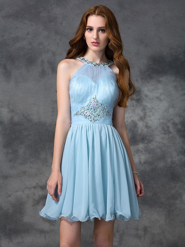Cocktail Jazmin Homecoming Dresses Chiffon A-Line/Princess Scoop Beading Sleeveless Short Dresses