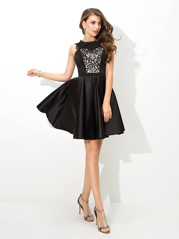 A-Line/Princess Homecoming Dresses Alanna Lace Satin Cocktail Scoop Sleeveless Short Dresses