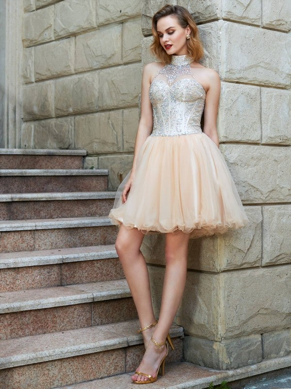 A-Line/Princess Halter Sleeveless Beading Net Short/Mini Homecoming Dresses Johanna Dresses