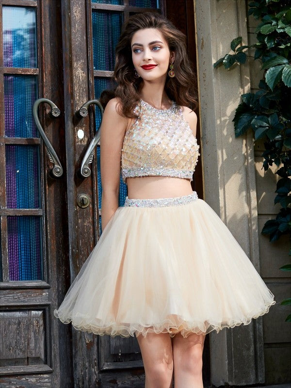 A-Line/Princess Scoop Net Sleeveless Lorna Homecoming Dresses Beading Short/Mini Two Piece