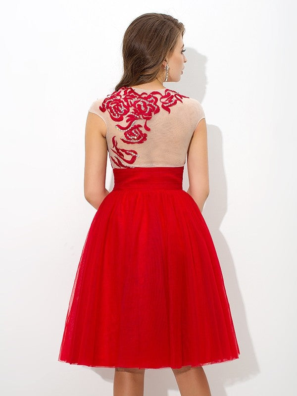 A-Line/Princess Sheer Neck Applique Sleeveless Short Net Homecoming Dresses Hailey Cocktail Dresses