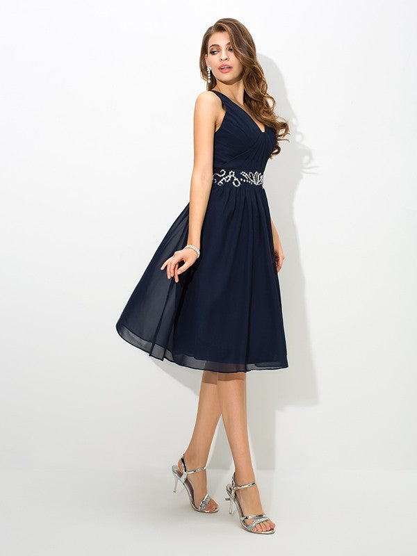 A-Line/Princess Straps Cocktail Caitlin Homecoming Dresses Chiffon Beading Sleeveless Short Dresses