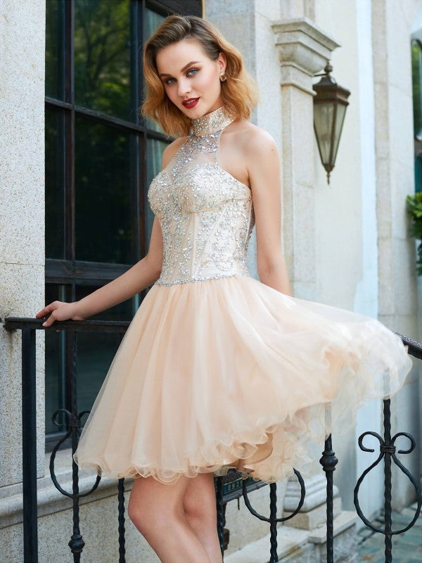 A-Line/Princess Halter Sleeveless Beading Net Short/Mini Homecoming Dresses Johanna Dresses