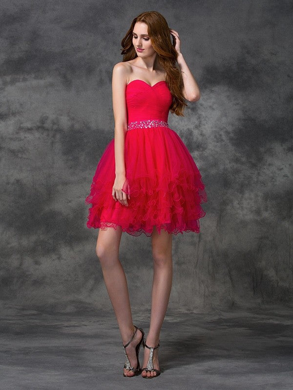 A-Line/Princess Sweetheart Beading Satin Sandy Homecoming Dresses Cocktail Sleeveless Short Dresses