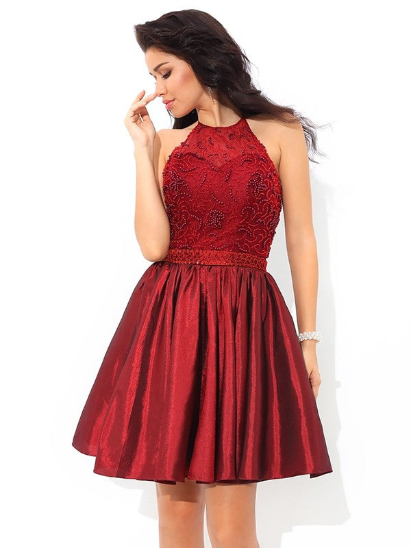 A-Line/Princess Halter Beading Sleeveless Short Taffeta Dresses Madilynn Cocktail Homecoming Dresses