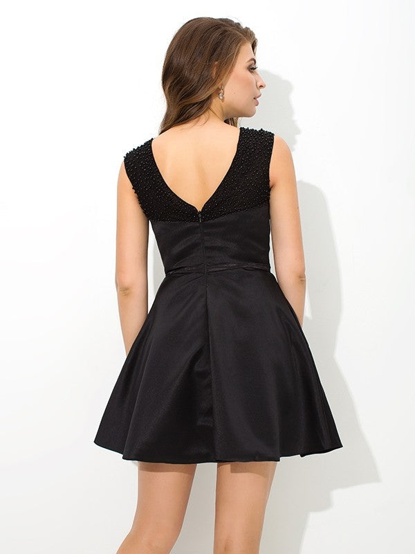 A-Line/Princess High Neck Sash/Ribbon/Belt Sleeveless Deja Homecoming Dresses Satin Cocktail Short Dresses