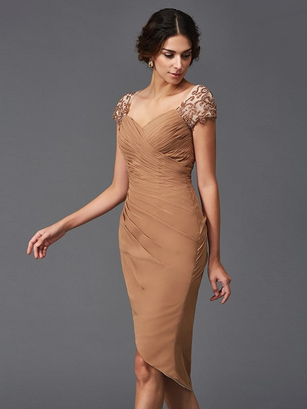 Sheath/Column Sweetheart Applique Homecoming Dresses Cocktail Jaslyn Chiffon Short Sleeves High Low Dresses