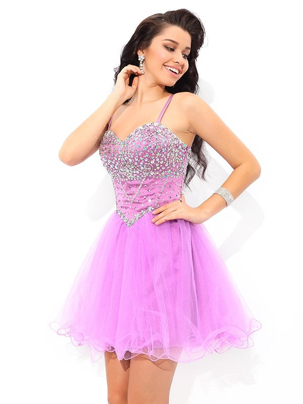 A-Line/Princess Spaghetti Straps Paillette Sleeveless Cocktail Lesley Homecoming Dresses Short Net Dresses