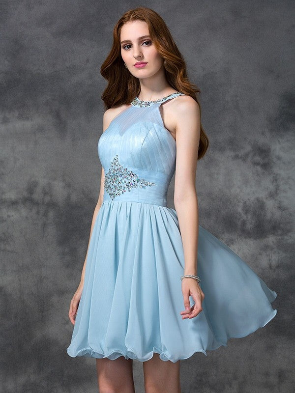 Cocktail Jazmin Homecoming Dresses Chiffon A-Line/Princess Scoop Beading Sleeveless Short Dresses