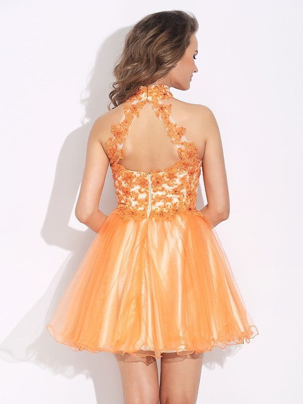 A-Line/Princess High Neck Ruffles Sleeveless Short Net Dresses Homecoming Dresses Uerica