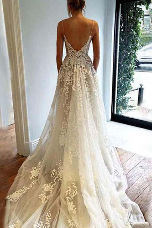 A Line Spaghetti Straps Deep V Neck Ivory with Pockets Tulle Open Back Wedding Dresses RS110