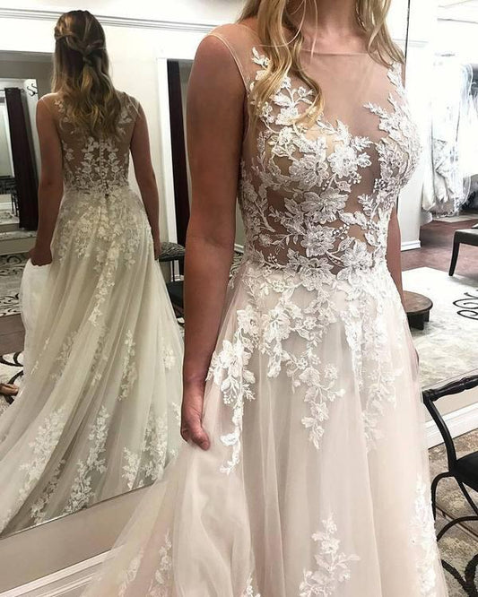 A Line Ivory Lace See Through Applique Wedding Dresses Scoop with Court Train RS91