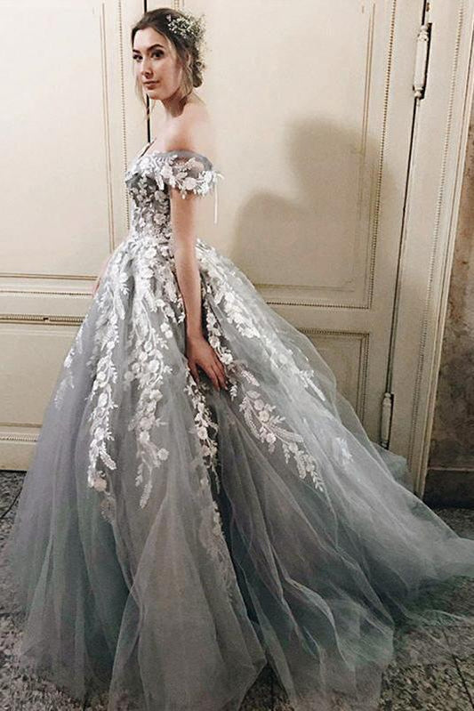 2024 Vintage Silver Off the Shoulder Lace Appliques Tulle Sweetheart Beach Wedding Dresses RS112