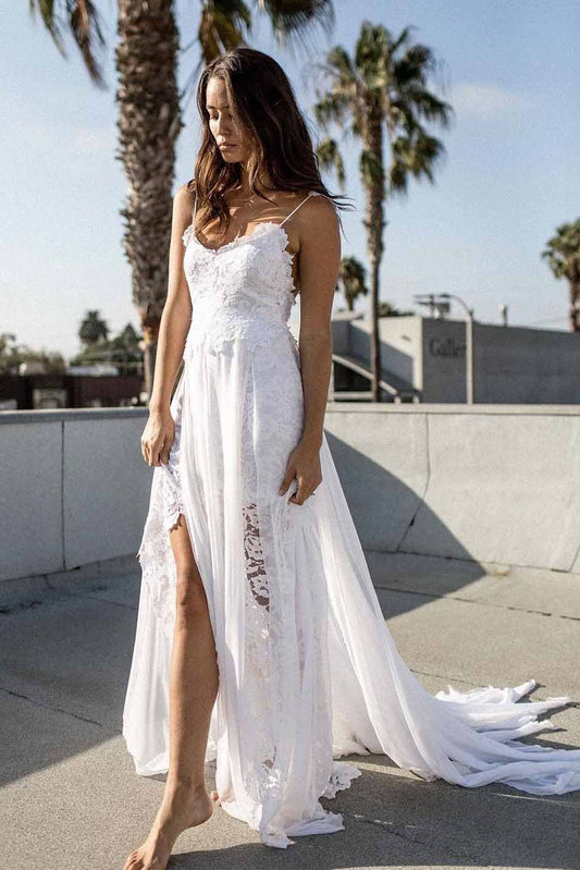 A-line Spaghetti Strap White Lace Chiffon Sweetheart Backless Beach Wedding Dresses RS881