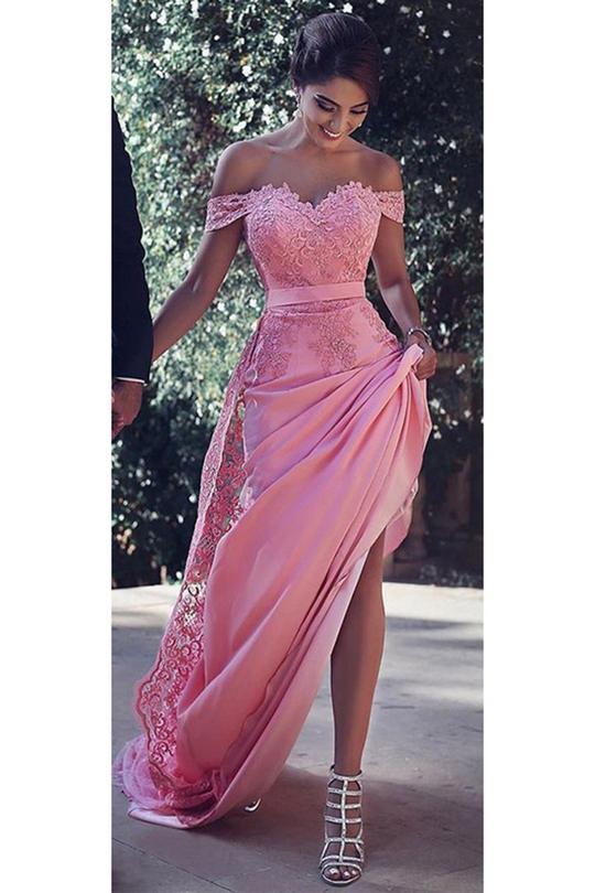 Pink Sheath Off-the-Shoulder Sweep Train Prom Dress with Lace Sash Ruffles RS779