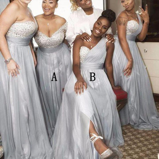 A Line Sweetheart Grey Beading One Shoulder Bridesmaid Dresses RS282