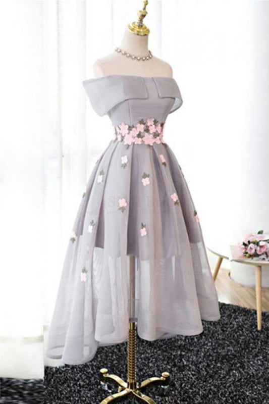 A Line Off Shoulder Grey High Low Homecoming Dress Cocktail Dresses Graduation Dresses RS94