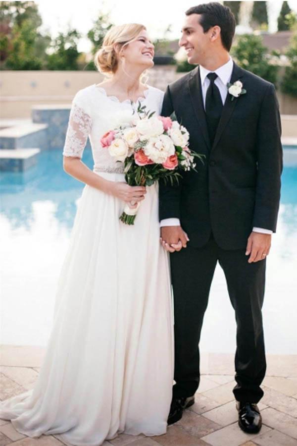 A Line Half Sleeve Ivory Lace with Satin Round Neck Beads Button Cheap Wedding Dresses RS146