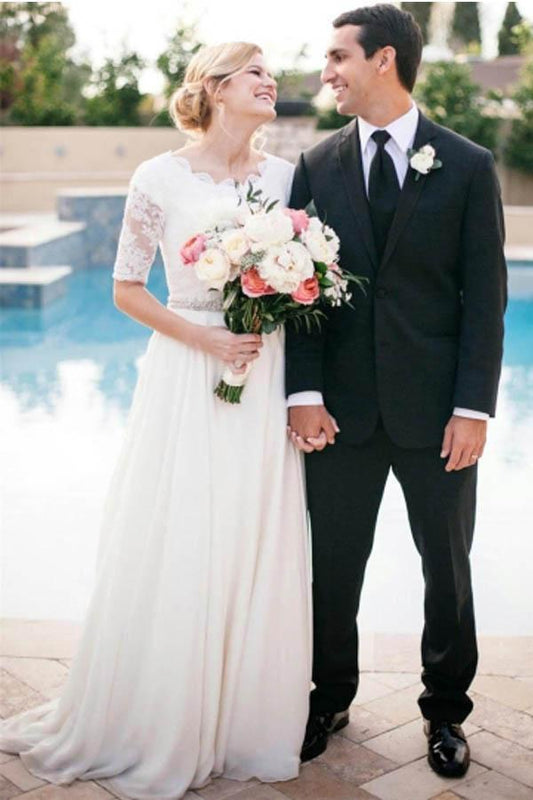 A Line Half Sleeve Ivory Lace with Satin Round Neck Beads Button Cheap Wedding Dresses RS146