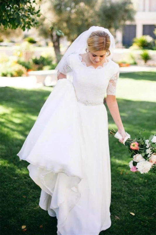 A Line Half Sleeve Ivory Lace with Satin Round Neck Beads Button Cheap Wedding Dresses RS146