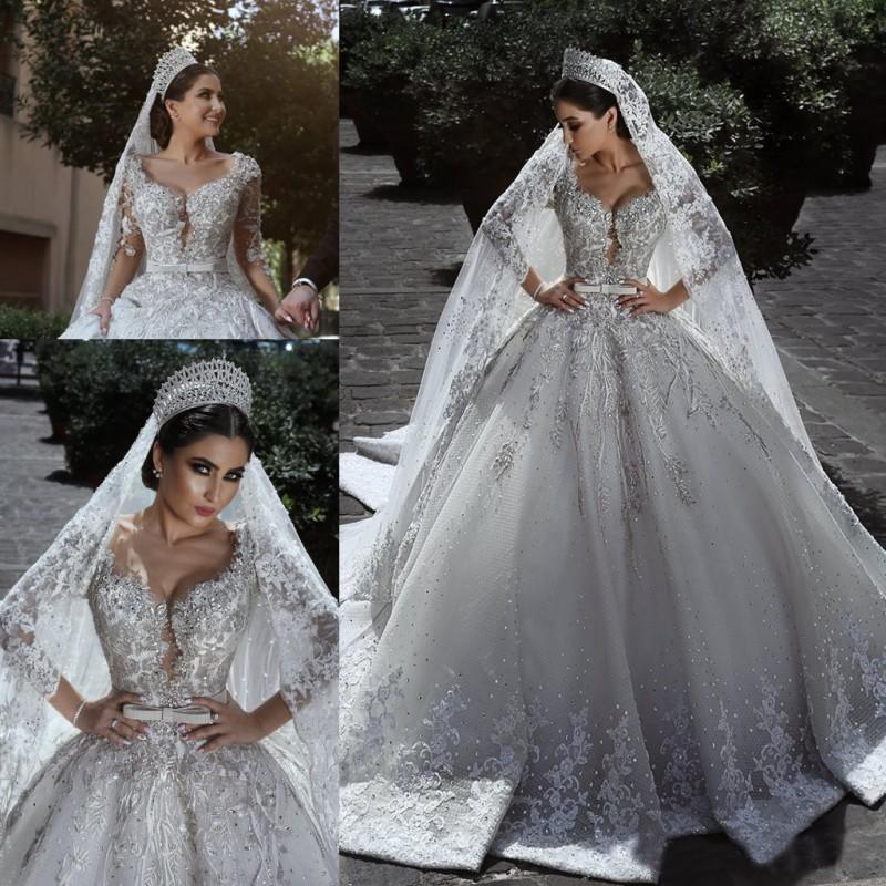 Sexy Ball Gown Sweetheart Long Sleeve Lace Appliques Tulle Long Wedding Dresses RS70