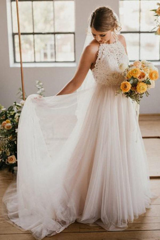 A-Line Round Neck Ivory Sweep Train Tulle Halter Wedding Dress with Lace RS786