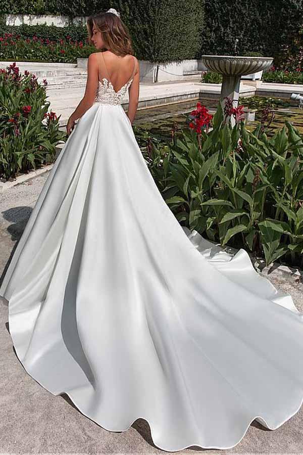 Satin Neckline A-line Open Back Lace Wedding Dress With Pockets Lace Appliques RS497