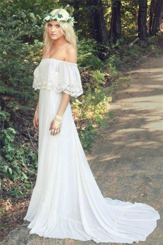 A Line Off the Shoulder Bohemian Lace Chiffon Ivory Summer Beach Wedding Dresses RS712