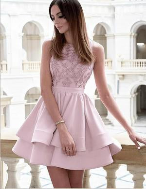 Pretty Bateau Short Blush Pink Scoop Satin Lace Appliques Homecoming Dresses RS16