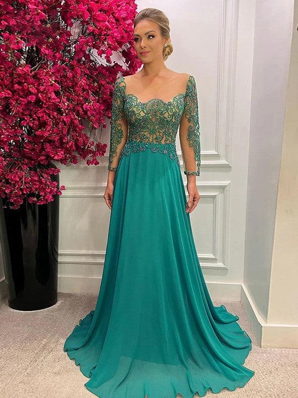 Judy A-Line/Princess Chiffon Applique Scoop Long Sleeves Sweep/Brush Train Mother of the Bride Dresses DSP0020448