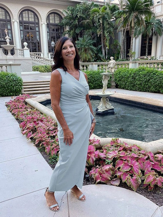 Nora Sheath/Column Stretch Crepe Ruched V-neck Sleeveless Ankle-Length Mother of the Bride Dresses DSP0020459