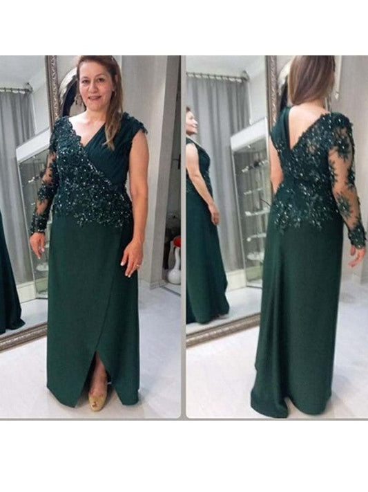 Ansley A-Line/Princess Stretch Crepe Applique V-neck Long Sleeves Floor-Length Mother of the Bride Dresses DSP0020454