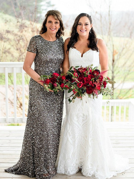 Kierra Sheath/Column Sequins Scoop Short Sleeves Sweep/Brush Train Mother of the Bride Dresses DSP0020456