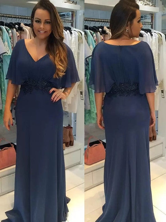 Kinsley Sheath/Column Chiffon Applique V-neck Short Sleeves Sweep/Brush Train Mother of the Bride Dresses DSP0020284