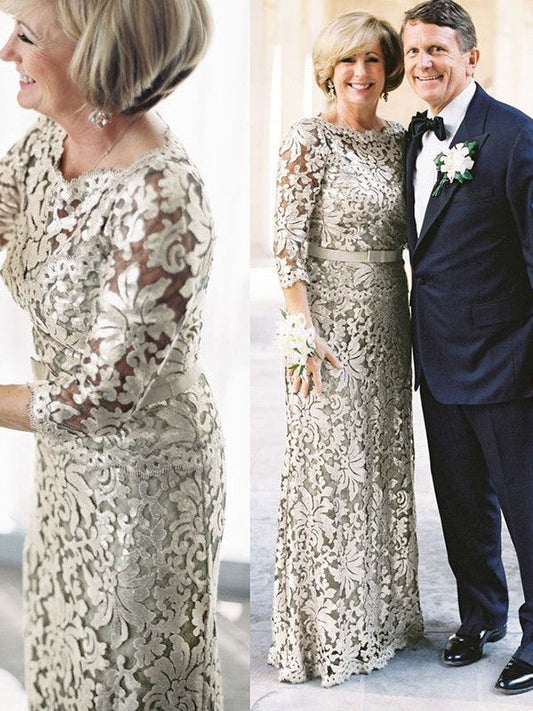 Undine Sheath/Column Lace Sash/Ribbon/Belt Scoop 3/4 Sleeves Floor-Length Mother of the Bride Dresses DSP0020285