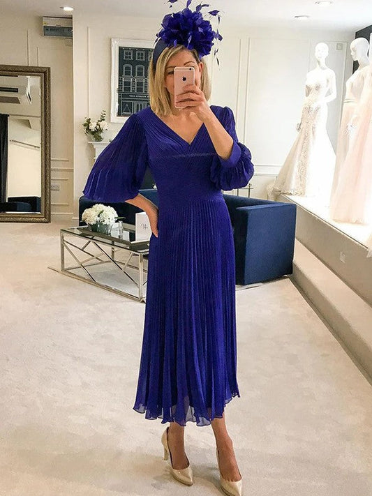 Aurora A-Line/Princess Chiffon Ruffles V-neck 3/4 Sleeves Tea-Length Mother of the Bride Dresses DSP0020295