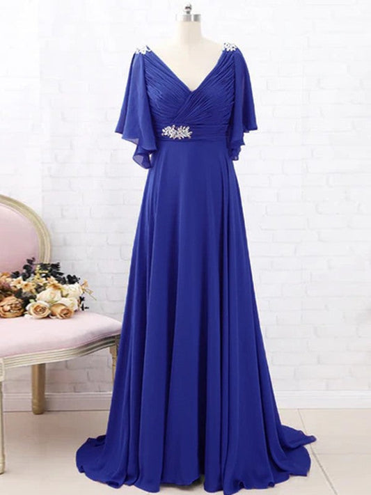 Lucile A-Line/Princess Chiffon Beading V-neck Short Sleeves Sweep/Brush Train Mother of the Bride Dresses DSP0020288