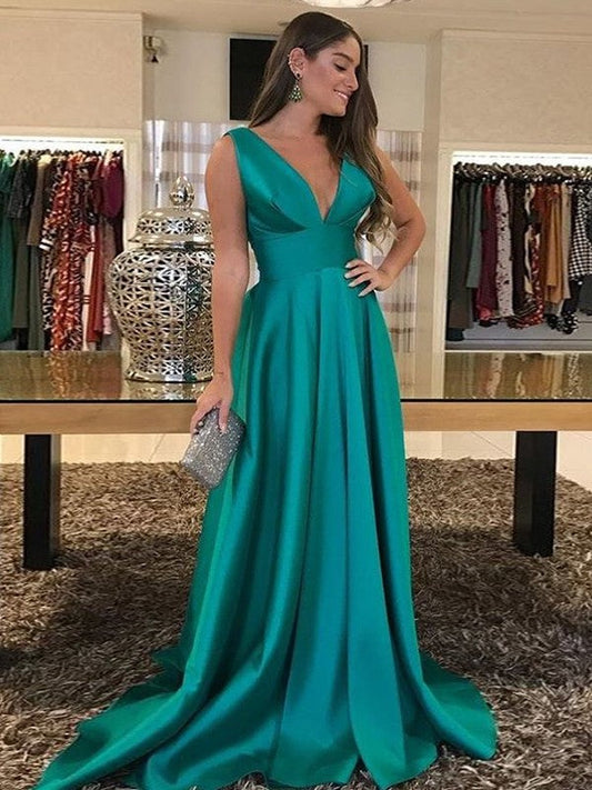 Autumn A-Line/Princess Satin Ruffles V-neck Sleeveless Sweep/Brush Train Mother of the Bride Dresses DSP0020292