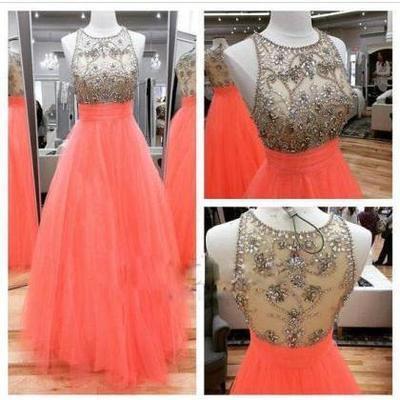 Prom Dresses Scoop Long Tulle Coral Beads Sheer Back High Neck Sleeveless Evening Dress RS867
