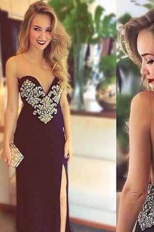 Sexy V-Neck Floor Length Long Backless Strapless Tulle with Slit Beading Prom Dresses RS195