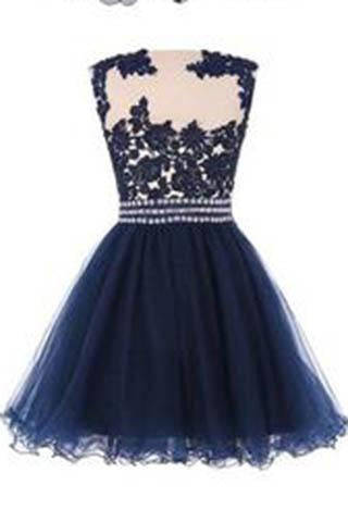 Navy Blue Lace Short Prom Dress With Waist Beads Royal Blue Mini Length Homecoming Dress RS891