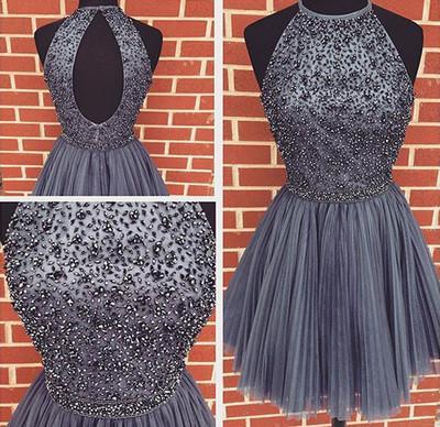Sexy Backless Junior Short Open Back Halter Beads Tulle Gray Prom Dress Homecoming Dress RS956