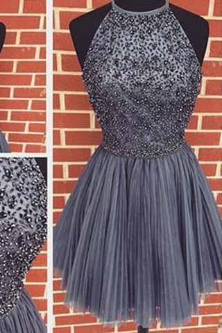 Sexy Backless Junior Short Open Back Halter Beads Tulle Gray Prom Dress Homecoming Dress RS956