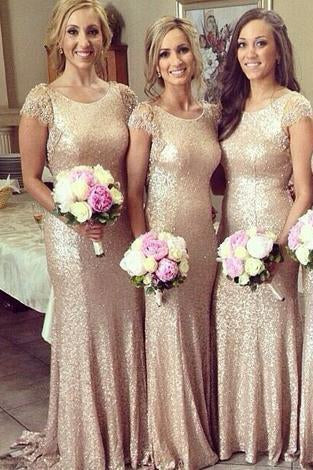 sparkle long champagne sequin bridesmaid dress lace sleeves bridesmaid dress RS717