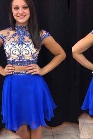 Royal Blue Short Prom Dresses Chiffon Fitted Party Dress Silver Beading Sparkly Cocktail Dress RS911