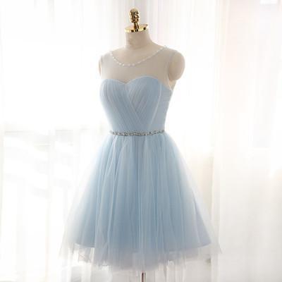 Light Sky Blue Short Prom Dress Sleeveless Open Back Scoop Homecoming Dresses RS909